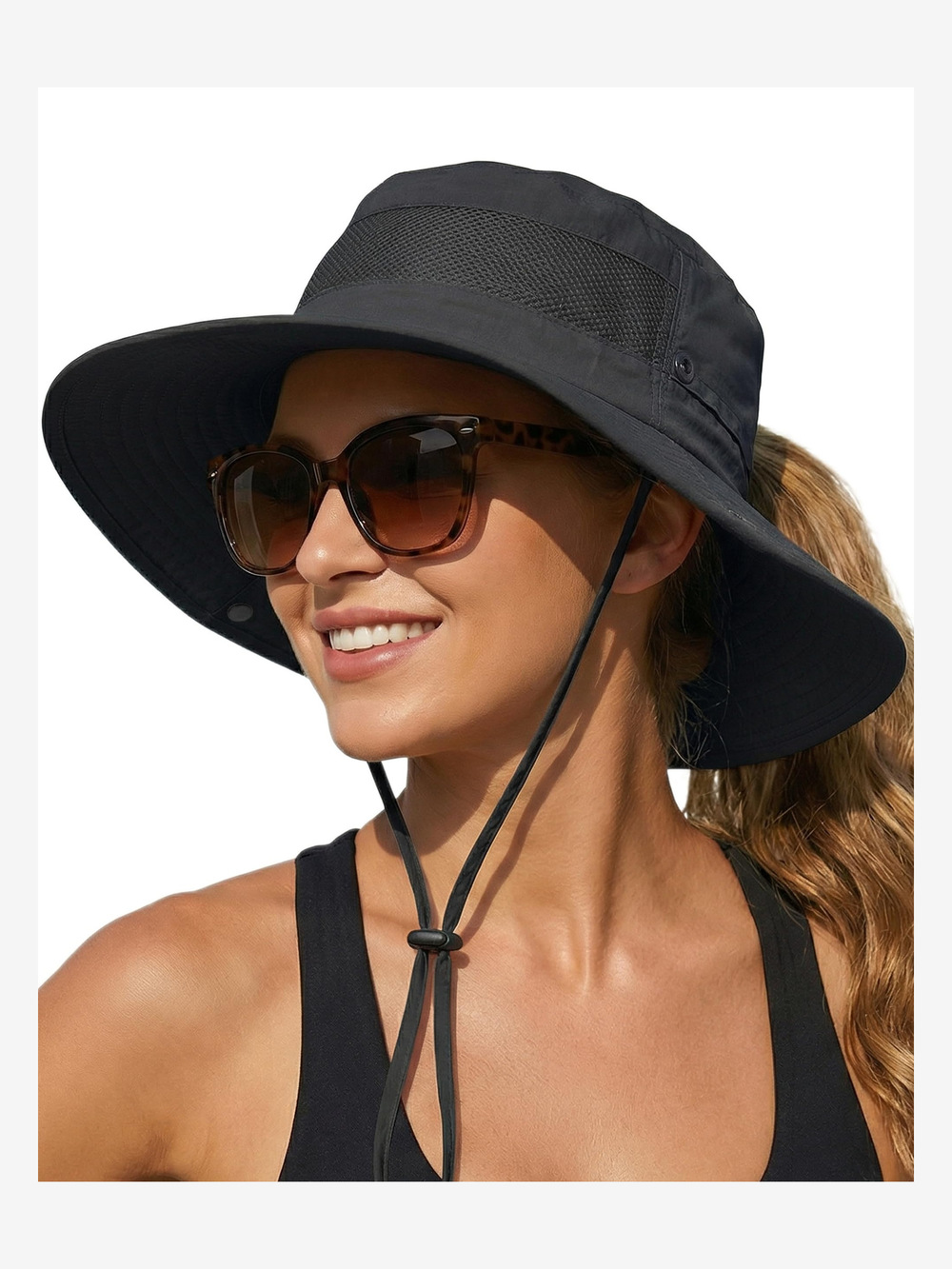 Women's Sun Hat Sun Protection Wide Brim Bucket with Ponytail | Black | Size OS